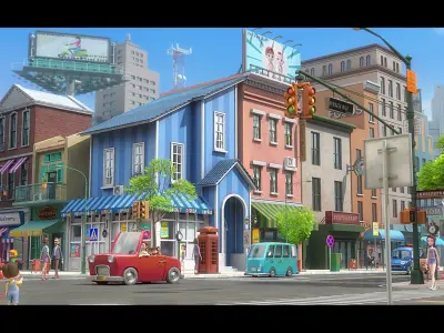  Cartoon City Street Scene 