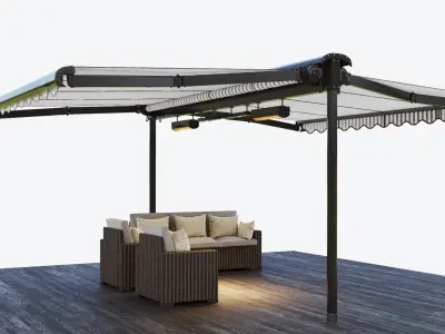 Two sided casset awning with rattan garden furniture  3D model