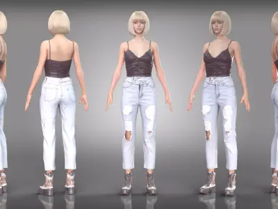 Ripped Jeans and Snake Print Boots Outfit with Black Top Low-poly 3D model