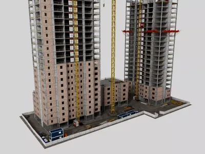 High Rise Construction Site 3D Model Tower Crane Twin Buildings Low-poly 3D model