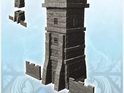 Medieval cut stone defense tower with adjoining walls 13 - Medie 3D print model