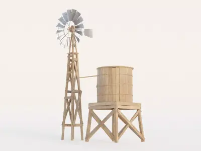 Windmill and Watertank and Windmill with watertank Low-poly 3D model