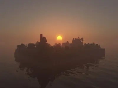 Low-poly Island in water with sun setting behind it 3D model
