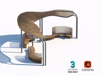 Curved Wooden Canopy Seating Structure for Urban Parks 3D model