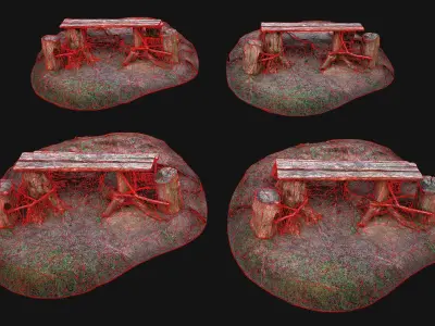 Medieval Wooden Bench and Table in the Mountains Low-poly 3D model