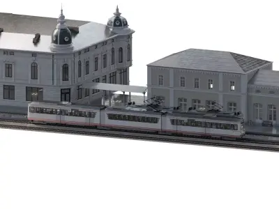 VINTAGE TRAM STATION WITH TRAMS 3D model