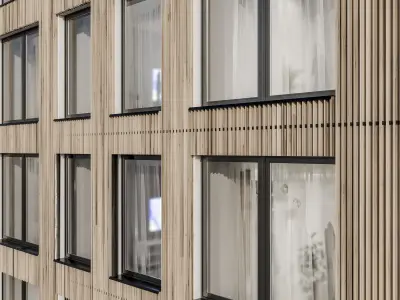 Modern residential facade 03 at night with simple interiors 3D model