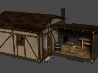 Furnitured medieval blacksmith house with exterior and interior Low-poly 3D model