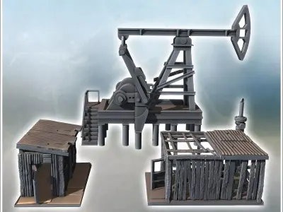 Oil rig with wooden structures pipes and mechanical equipment on 3D print model