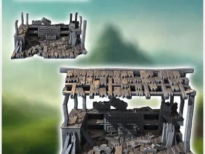 Partially collapsed wooden shed with exposed beams and scattered 3D print model