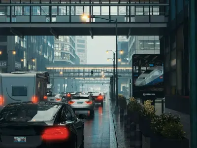 Modern city streetscape Low-poly 3D model