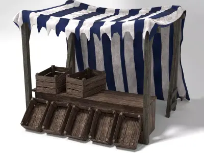 Medieval Market Stall Tent Blue and White 3D Model with Crates Low-poly 3D model
