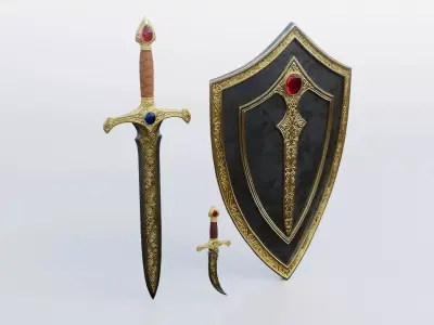 Realistic Game Ready Sword Dagger and Shield Collection Low-poly 3D model