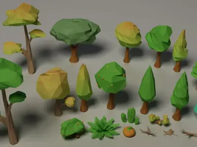 Rustic set Low-poly trees and plants Low-poly 3D model
