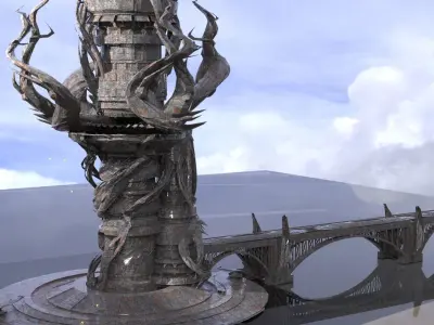 Dark Cthulhu Watchtower City bridges Low-poly 3D model
