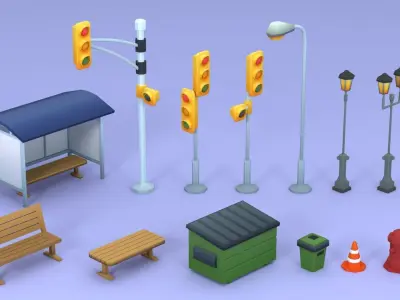 Cartoon Low Poly Street Props Pack Low-poly 3D model