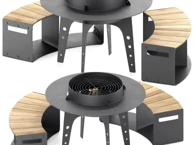 Hearth bbq table with bench and fire pit 3D model