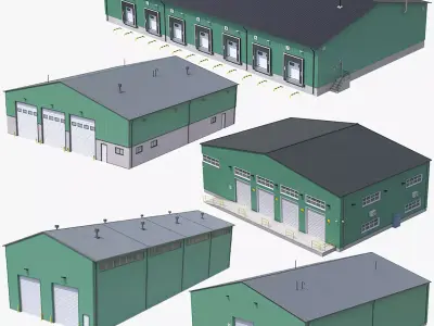 5 Green Industrial Buildings Collection PBR 3D Model Pack