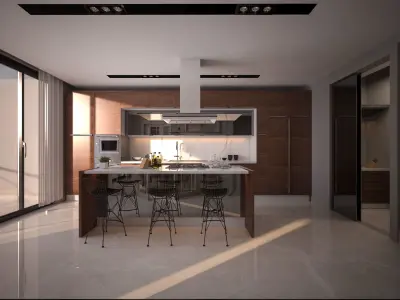 kitchen  living room and doorway design 3 in 1 Low-poly 3D model