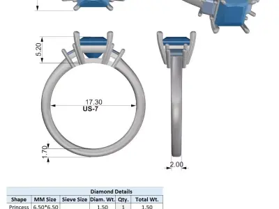 Princess Three Stone Diamond Ring 3DM STL 3D print model