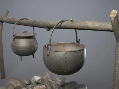 Bonfire with Medieval Hanging Cauldrons  Low-poly 3D model