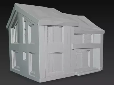 Stylized Modern House Low Poly 3D Model Roof Vertical Panels Low-poly 3D model