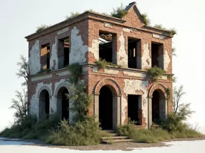 Weathered Brick Ruin 3D Model  Abandoned Two Story House Asset Low-poly 3D model