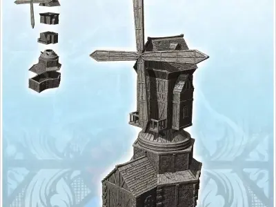 Medieval mill with quadruple blades and base annex 12 - Medieval 3D print model