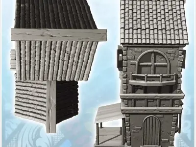 Large medieval house with tiled roof and side awning 1 - Medieva 3D print model