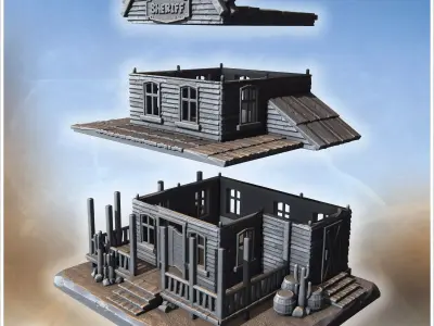 Sheriffs office with side extension porch fencing wooden barrels 3D print model