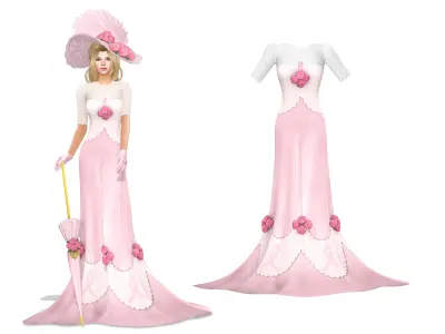 Roses Elegant Floor Length Gown Low-poly 3D model