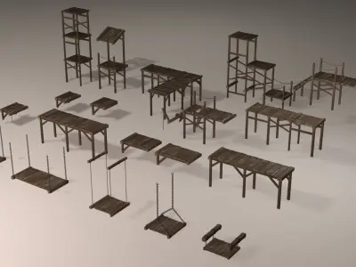Wooden platforms modular collection Low-poly 3D model