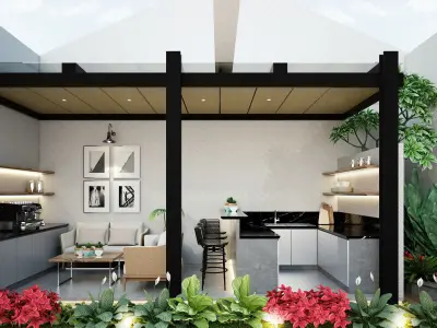 Outdoor modern living room with furniture and plants 3D model