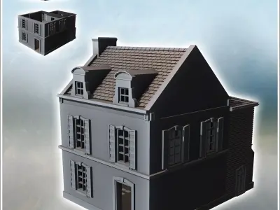 Two-story building with baroque-style roof windows and rear anne 3D print model