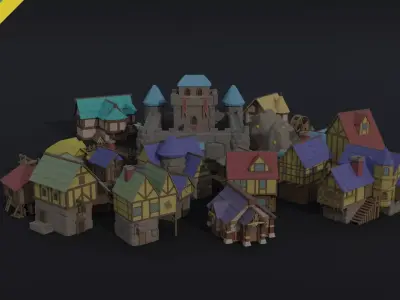 Cartoon medieval city asset Polygonal Style 3D Model Pack