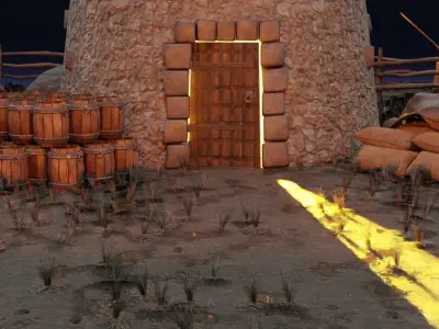 Animated stylized medieval scene of a mill with props Low-poly 3D model