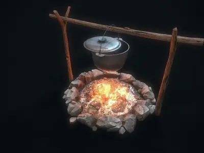 Camping bonfire bowler tripod Low-poly 3D model