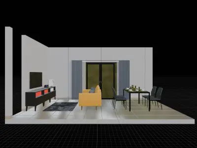 Isometric Living Dining Room With Yellow Sofa 3D model