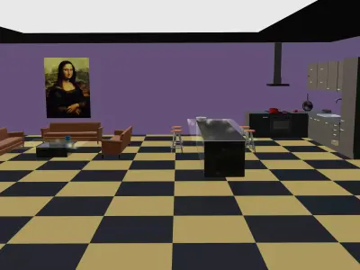 Kitchen 3D model living room with checkered floor Low-poly 3D model