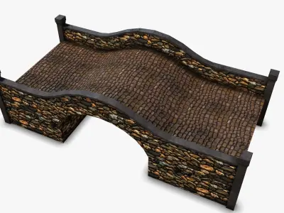 Bridge wooden bench with stones Low-poly 3D model