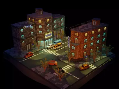 Cartoon city night street low poly PBR Low-poly 3D model