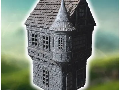 Tall medieval building with a turret stone walls and a pointed r 3D print model