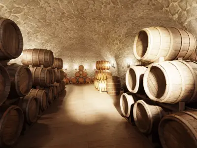 Wine Cellar V3 - Stone Vault with Wooden Barrel Storage 3D model