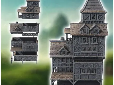 Medieval half-timbered stone building with large awning 35 - Med 3D print model