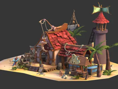 Stylish village island Low-poly 3D model