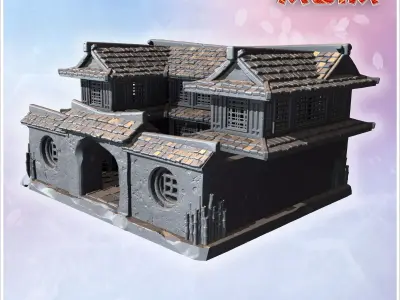 Enclosed courtyard house with circular windows tiled roofs and d 3D print model