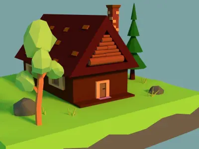 Low-poly House on island with trees Low-poly 3D model