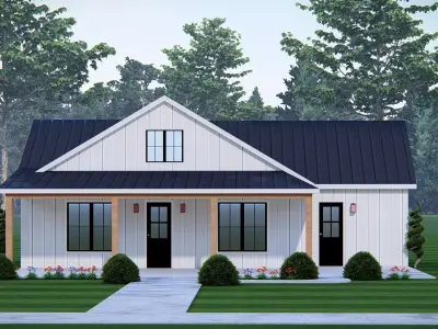 Modern White Farmhouse Exterior with Metal Roof 3D House Model 3D model
