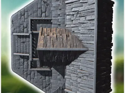 Old wooden tavern with a sign front porch balconies and visible  3D print model