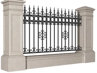 Fence in classic style with wrought iron railing 3D model